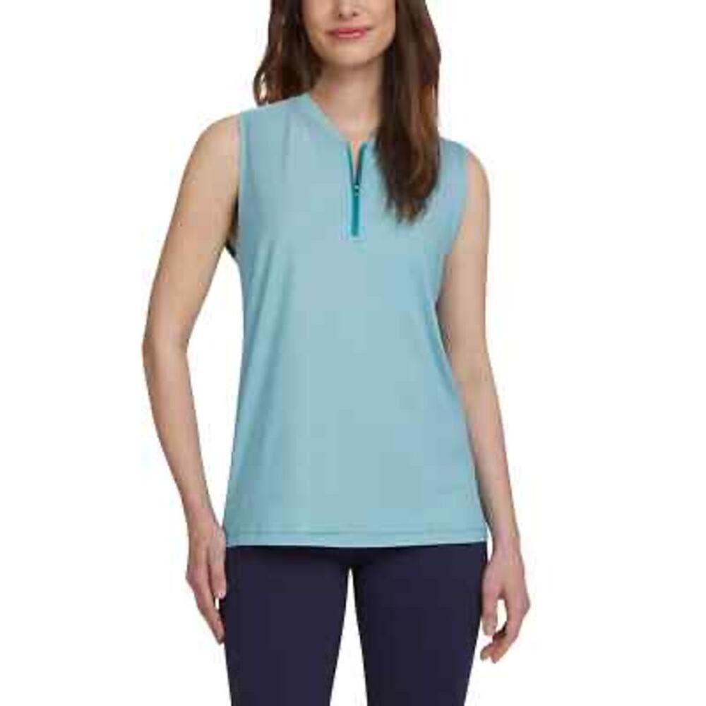 Lands End Polo Shirt Women’s Large Active Quarter Zip Sleeveless Blue UPF 50 NEW